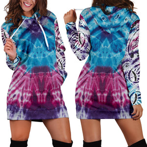 Front and Back of Blue Tie Dye Bandana Hoodie Dress