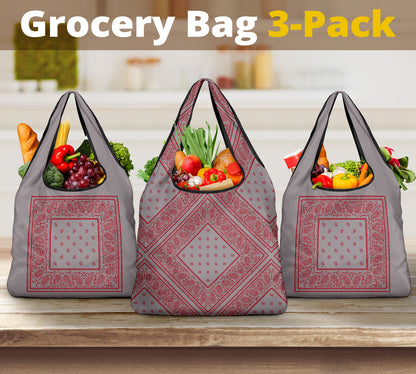 Gray and Red Bandana Reusable Grocery Bag 3-Pack
