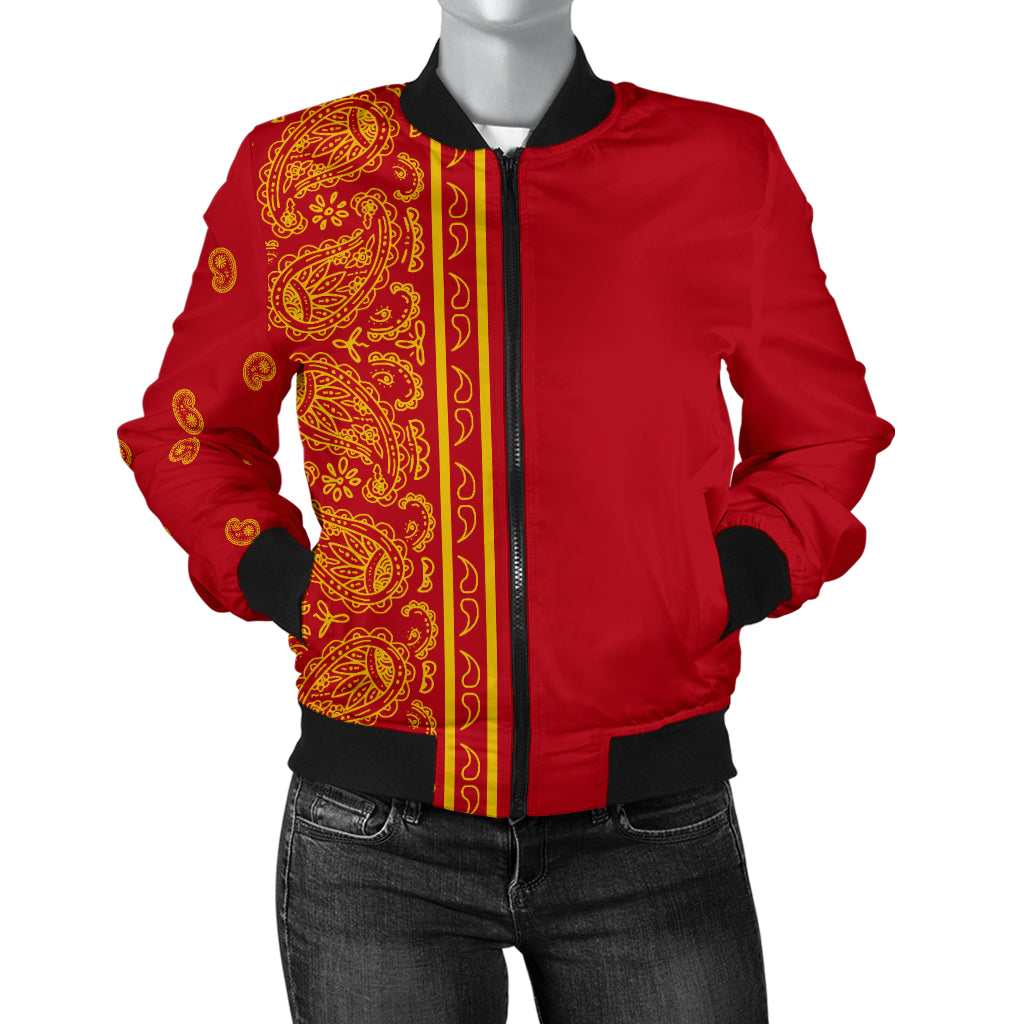 Asymmetrical Red and Gold Bandana Women's Bomber Jacket