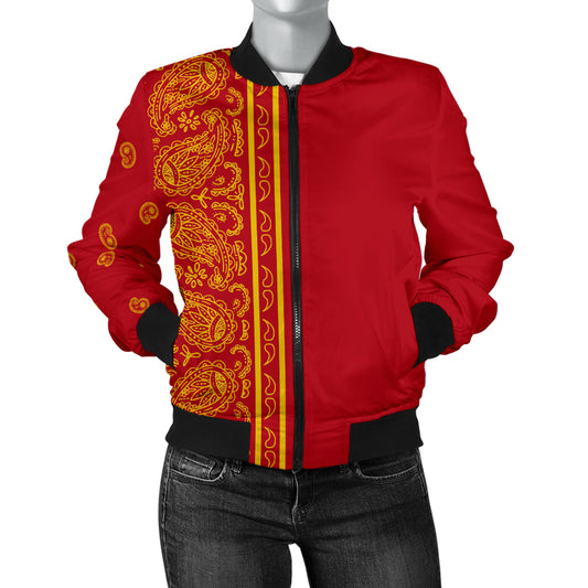 Asymmetrical Red and Gold Bandana Women's Bomber Jacket