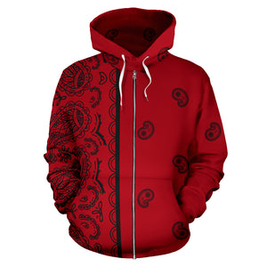 front view of red and black bandana hoodie