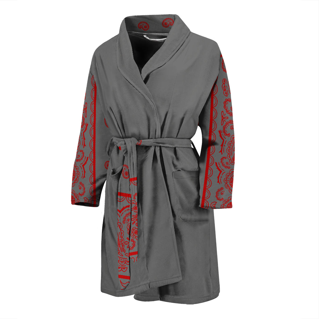 gray and red bathrobe