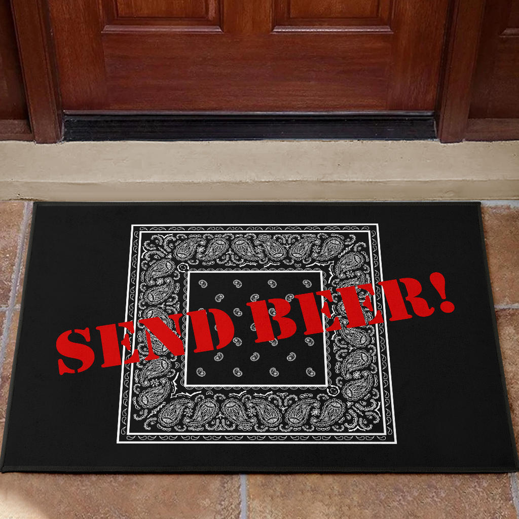 funny black bandana send beer door mat