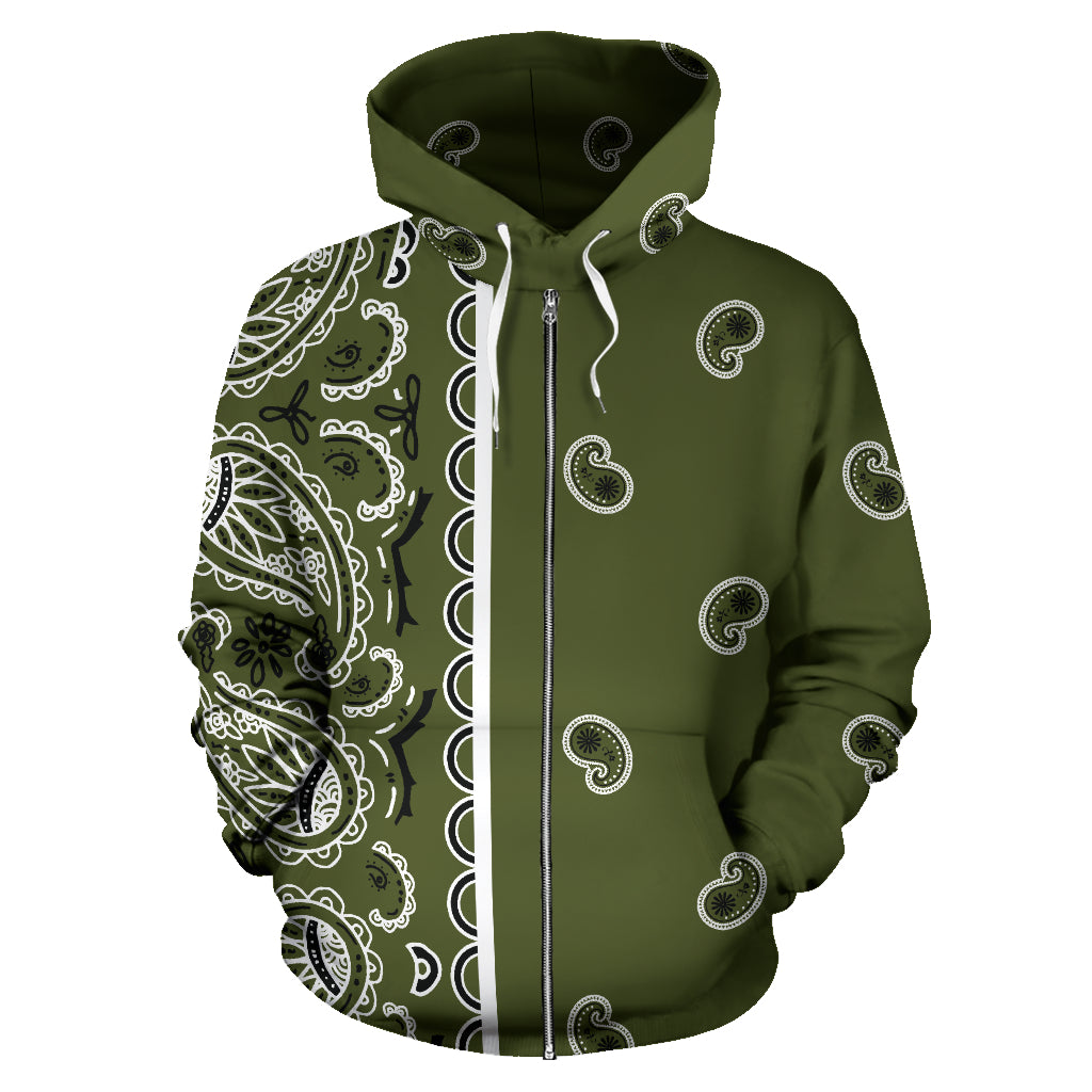 Army Green Bandana Zip Hoodie Front