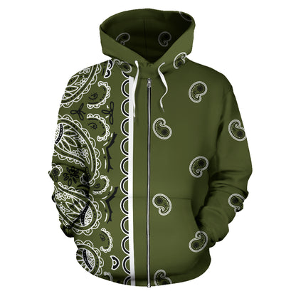 Army Green Bandana Zip Hoodie Front