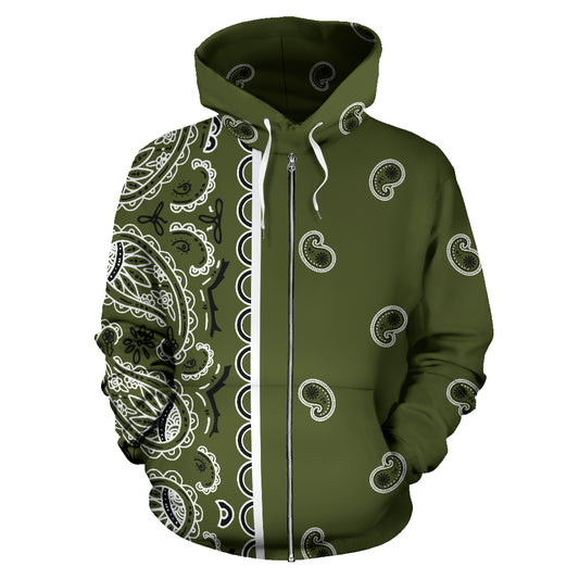 Army Green Bandana Zip Hoodie Front