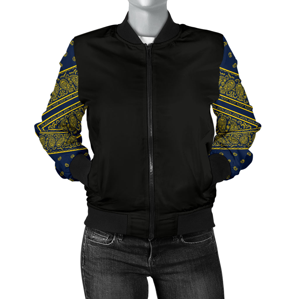 Women's Navy Blue and Gold Bandana Sleeved Bomber Jacket