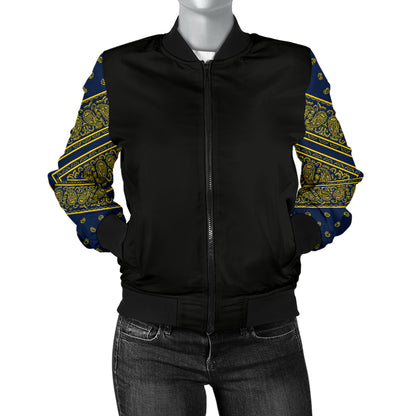 Women's Navy Blue and Gold Bandana Sleeved Bomber Jacket