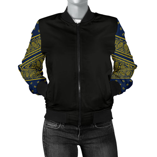 Women's Navy Blue and Gold Bandana Sleeved Bomber Jacket