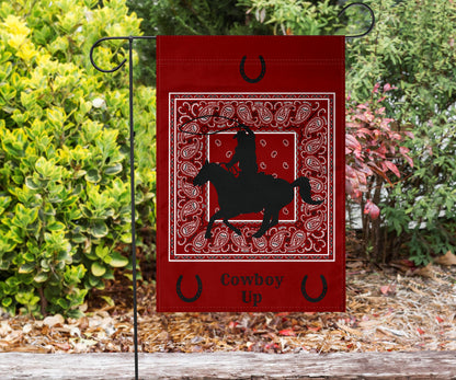 maroon cowboy up bandana garden flag
