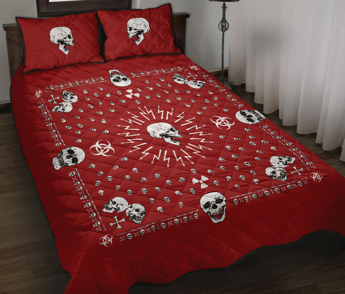 Quilt Set - Red Hazardous Skulls Bandana Quilt w/Shams