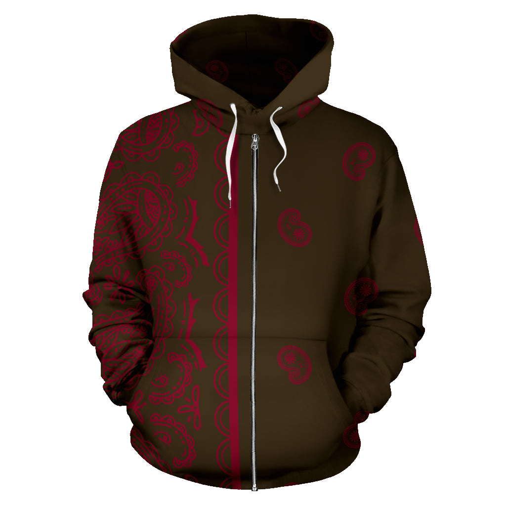 Asymmetrical Brown and Burgundy Bandana Zip Up Hoodie
