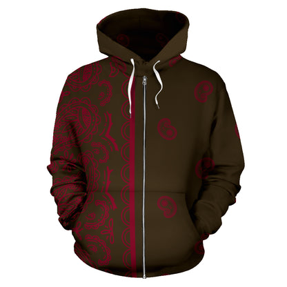 Asymmetrical Brown and Burgundy Bandana Zip Up Hoodie