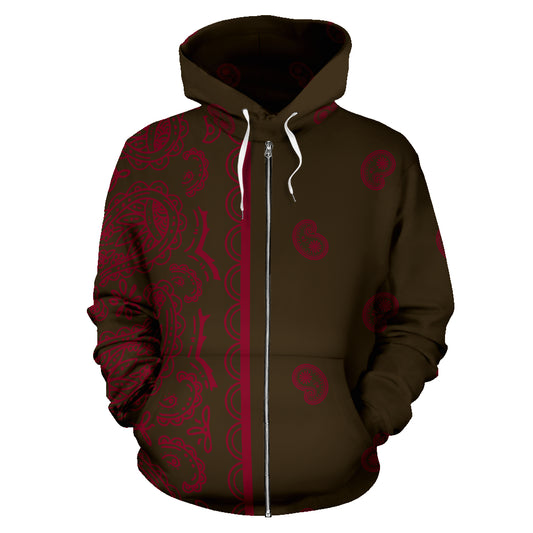 Asymmetrical Brown and Burgundy Bandana Zip Up Hoodie