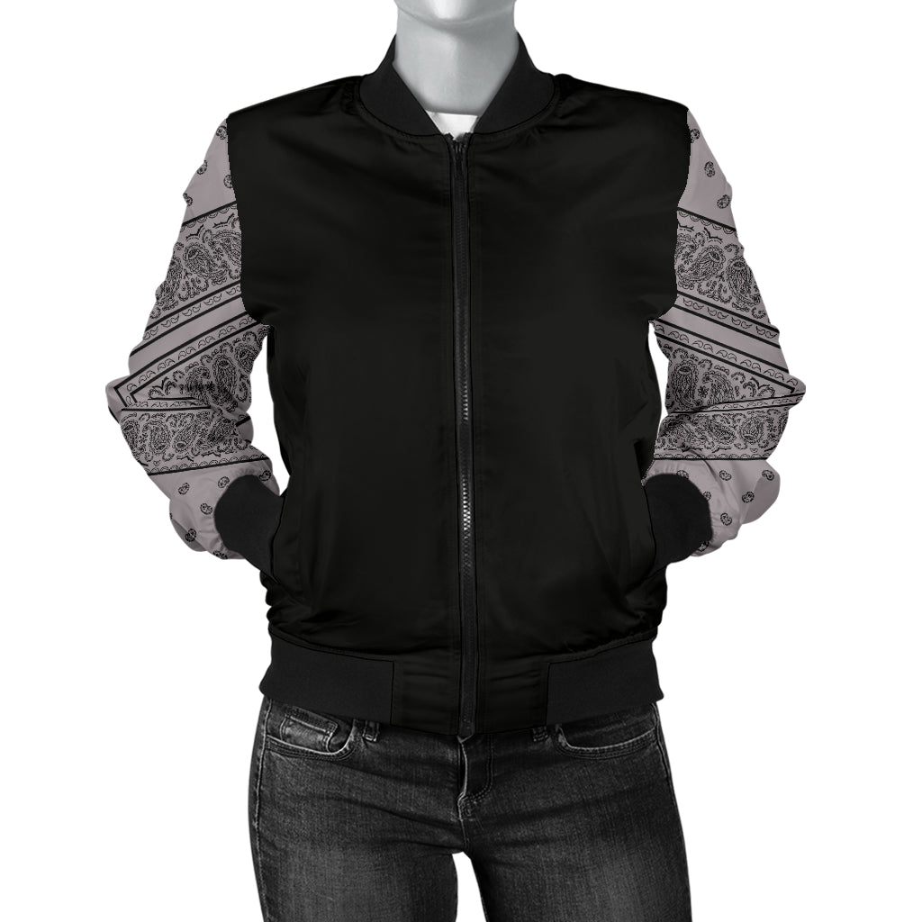 Women's Gray and Black Bandana Sleeved Bomber Jacket