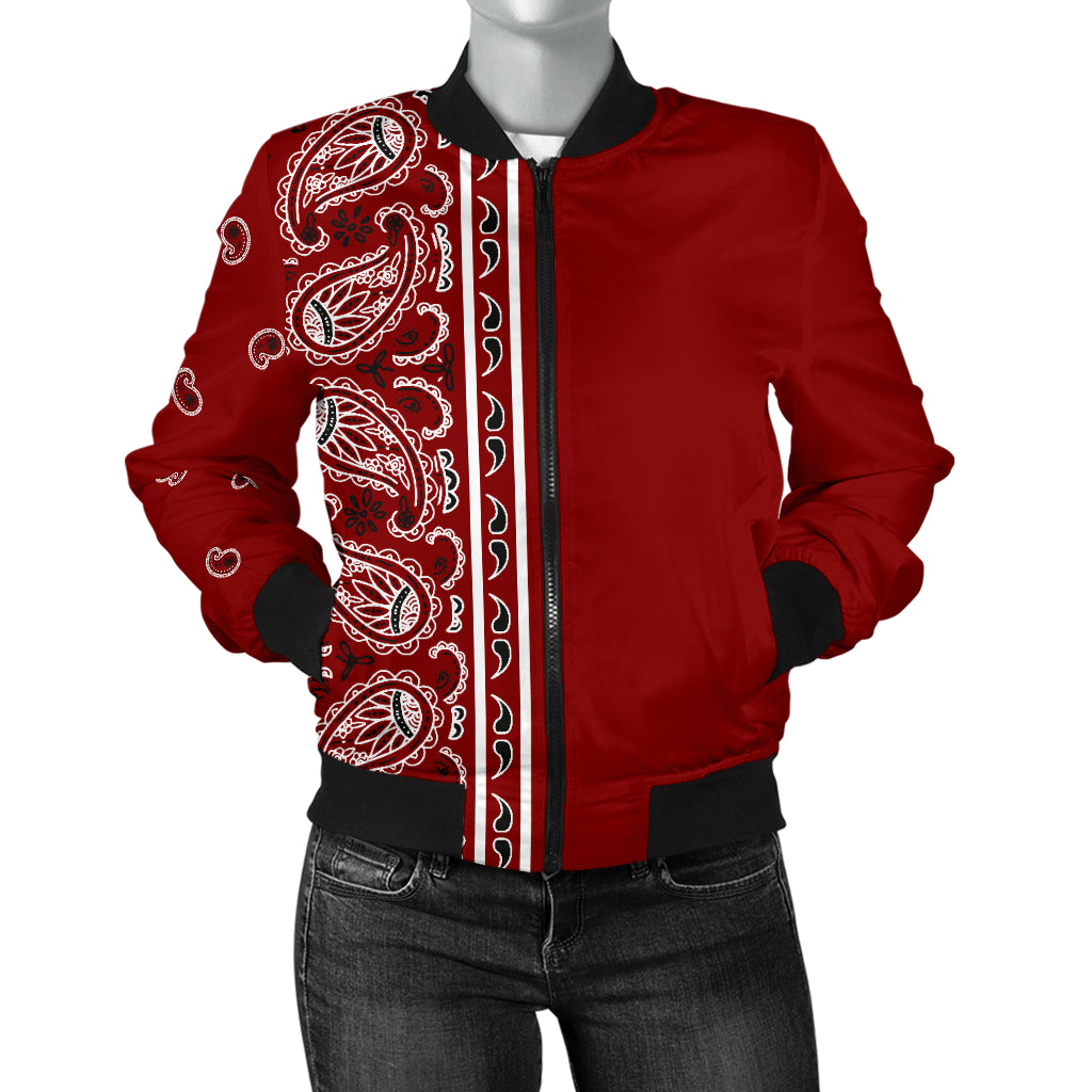 Asymmetrical Maroon Red Bandana Women's Bomber Jacket