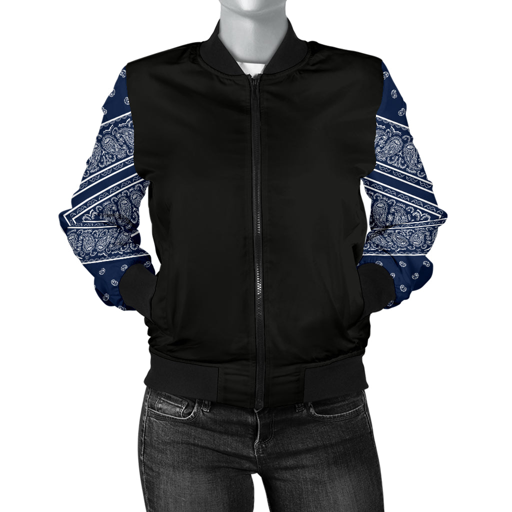 Women's Navy Blue and White Bandana Sleeved Bomber Jacket