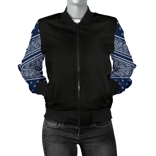 Women's Navy Blue and White Bandana Sleeved Bomber Jacket