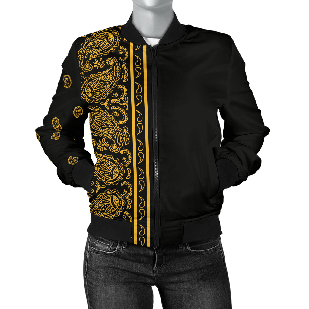 Asymmetrical Black Gold Bandana Women's Bomber Jacket