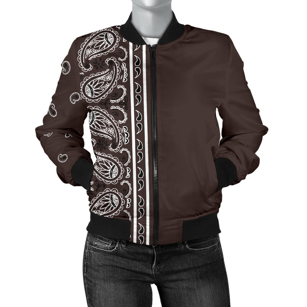 Asymmetrical Coffee Brown Bandana Women's Bomber Jacket