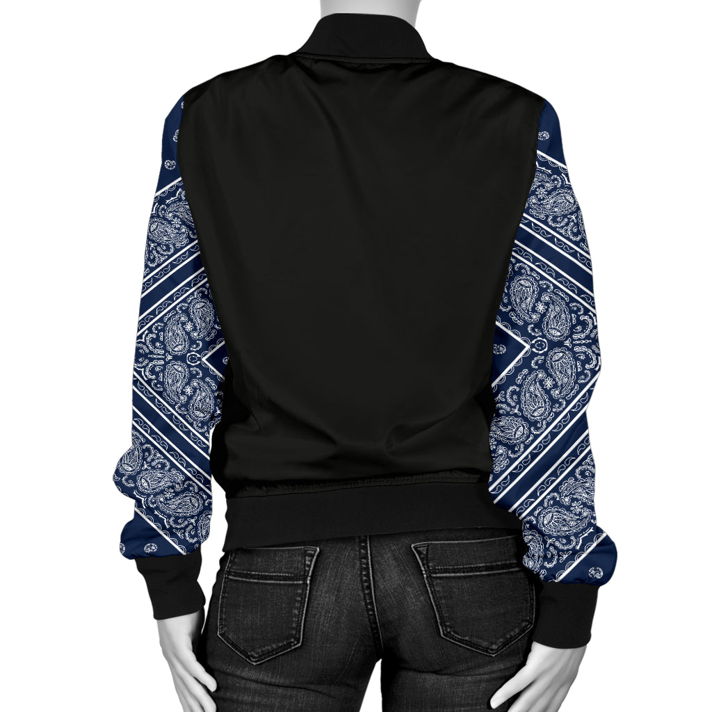 Women's Navy Blue and White Bandana Sleeved Bomber Jacket
