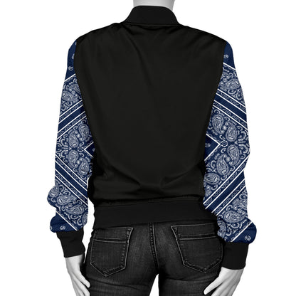 Women's Navy Blue and White Bandana Sleeved Bomber Jacket