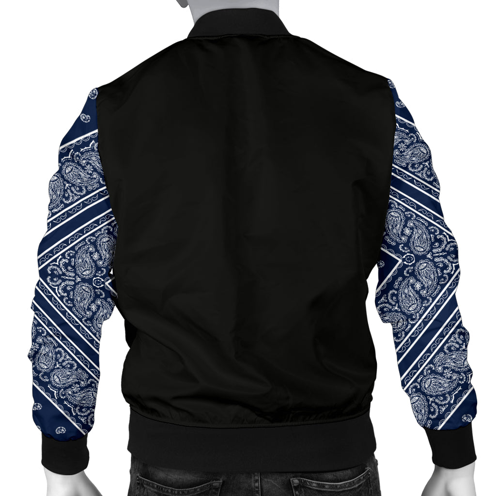 Men's Navy Blue and White Bandana Sleeved Bomber Jacket