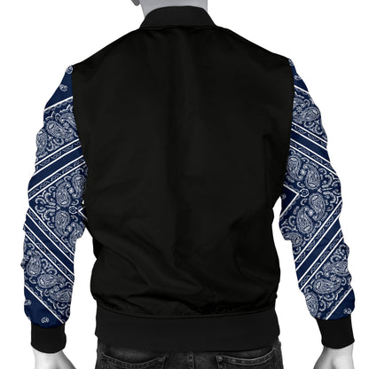 Men's Navy Blue and White Bandana Sleeved Bomber Jacket