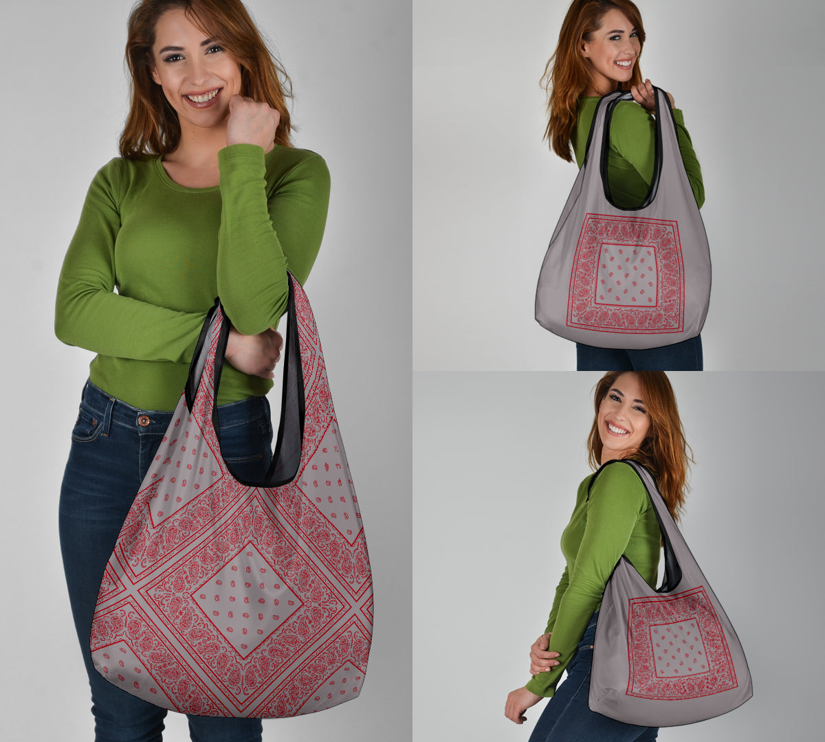 gray and red bandanas shopping bags