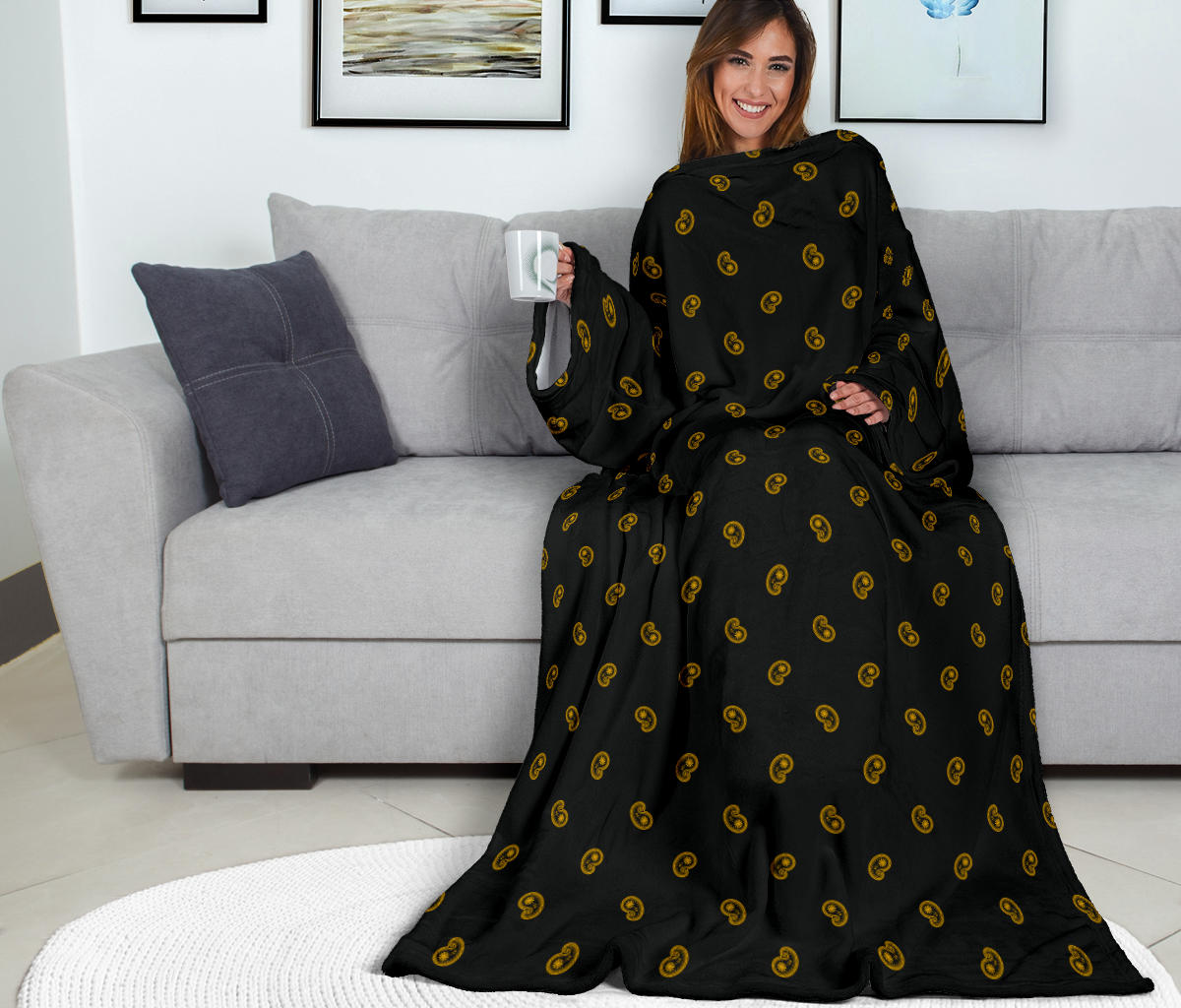 black and yellow paisley print snuggly blanket