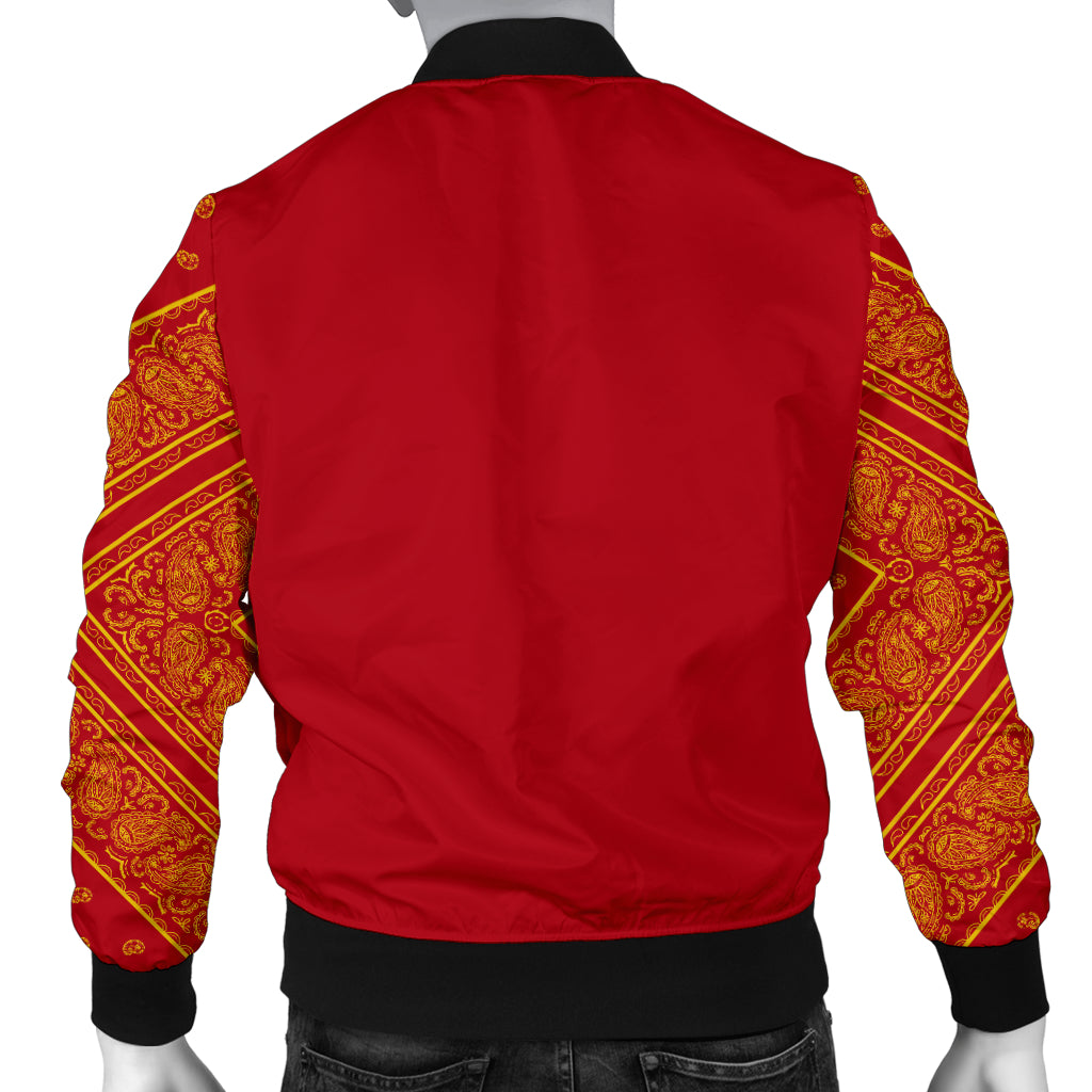 Men's Red and Gold on Red Bandana Sleeved Bomber Jacket
