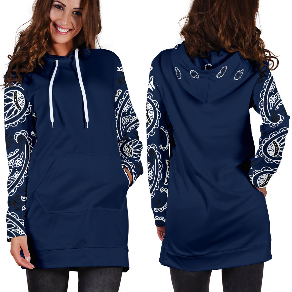 Front and Back Navy Blue Bandana Print Hoodie Dress
