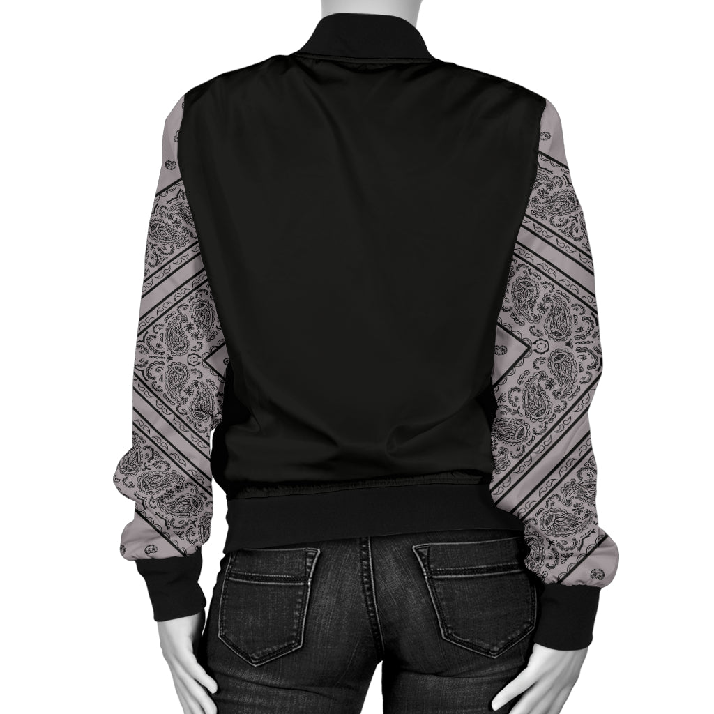 Women's Gray and Black Bandana Sleeved Bomber Jacket