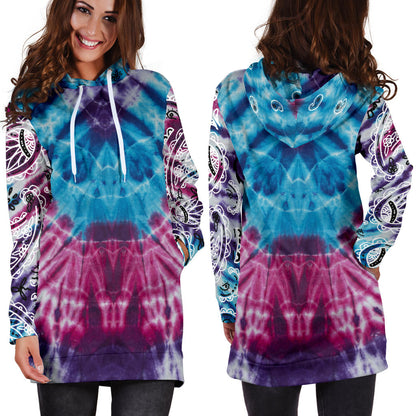Full view of Blue Tie Dye Bandana Hoodie Dress