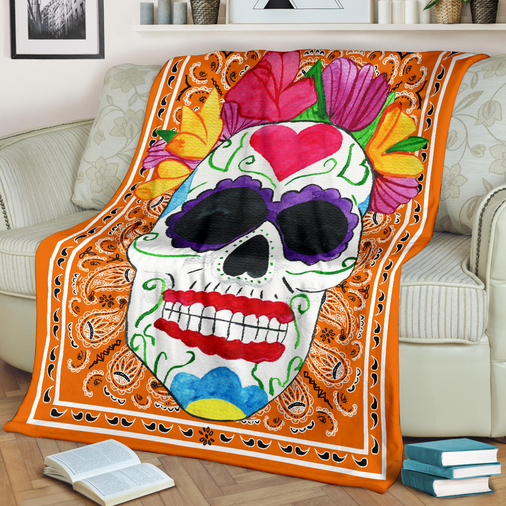Ultra Plush Orange Bandana Sugar Skull Fleece Throw
