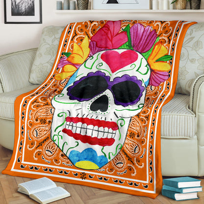 Ultra Plush Orange Bandana Sugar Skull Fleece Throw