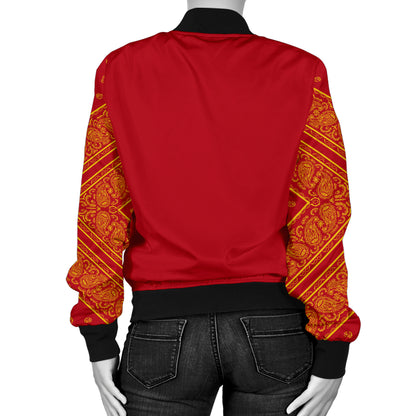 Women's Red and Gold on Red Bandana Sleeved Bomber Jacket