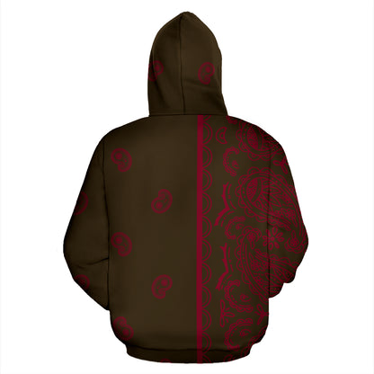 Asymmetrical Brown and Burgundy Bandana Zip Up Hoodie