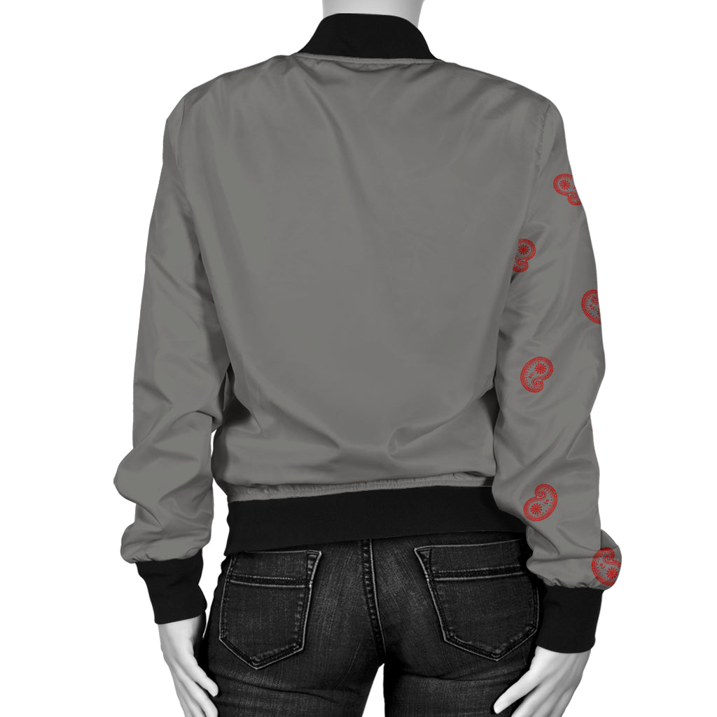 Asymmetrical Gray and Red Bandana Women's Bomber Jacket