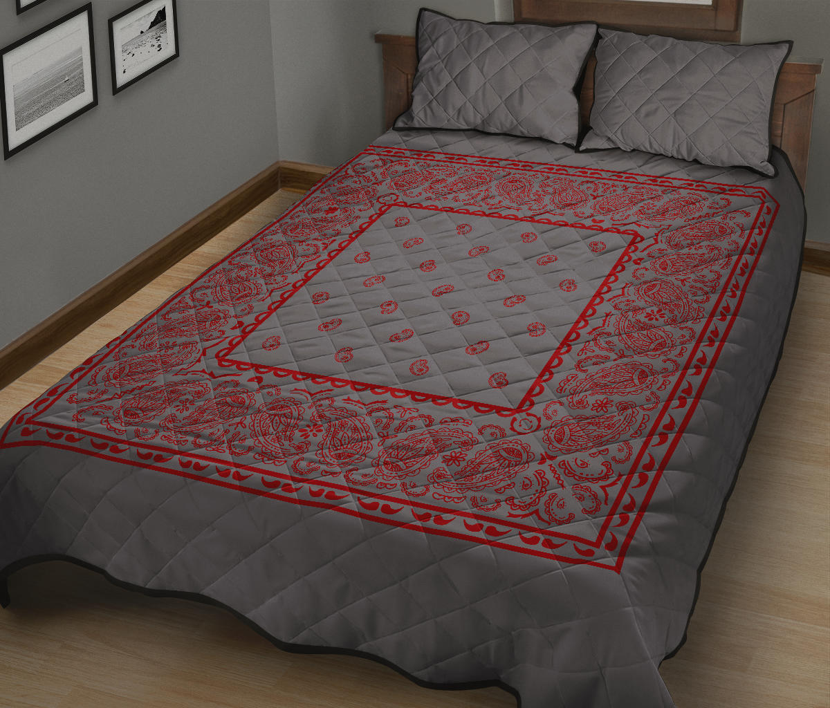 Quilt Set - Gray and Red Bandana Quilt w/Shams