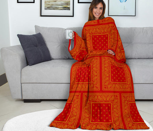 red and gold bandana snuggie sleeved blanket