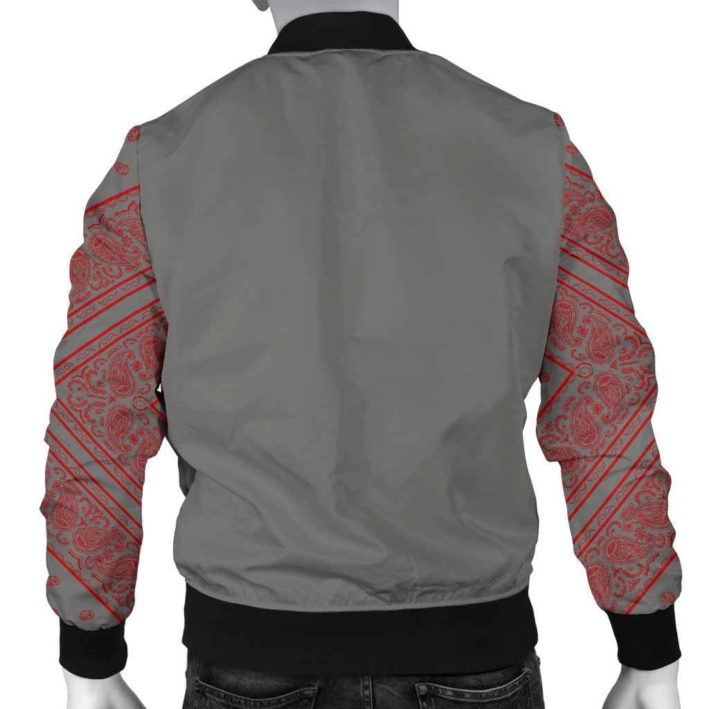 Men's Gray and Red Bandana Sleeved Bomber Jacket