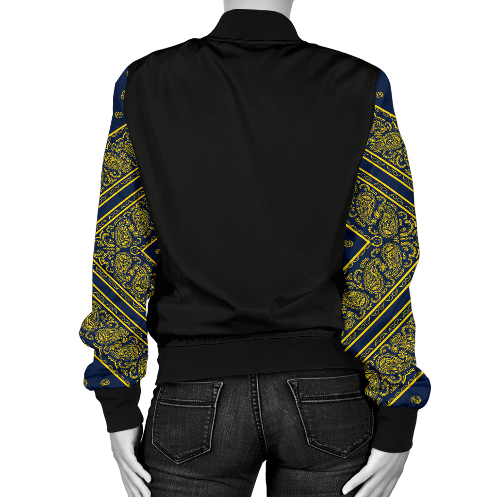 Women's Navy Blue and Gold Bandana Sleeved Bomber Jacket