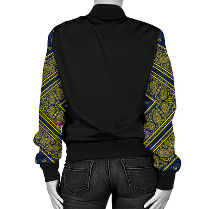 Women's Navy Blue and Gold Bandana Sleeved Bomber Jacket