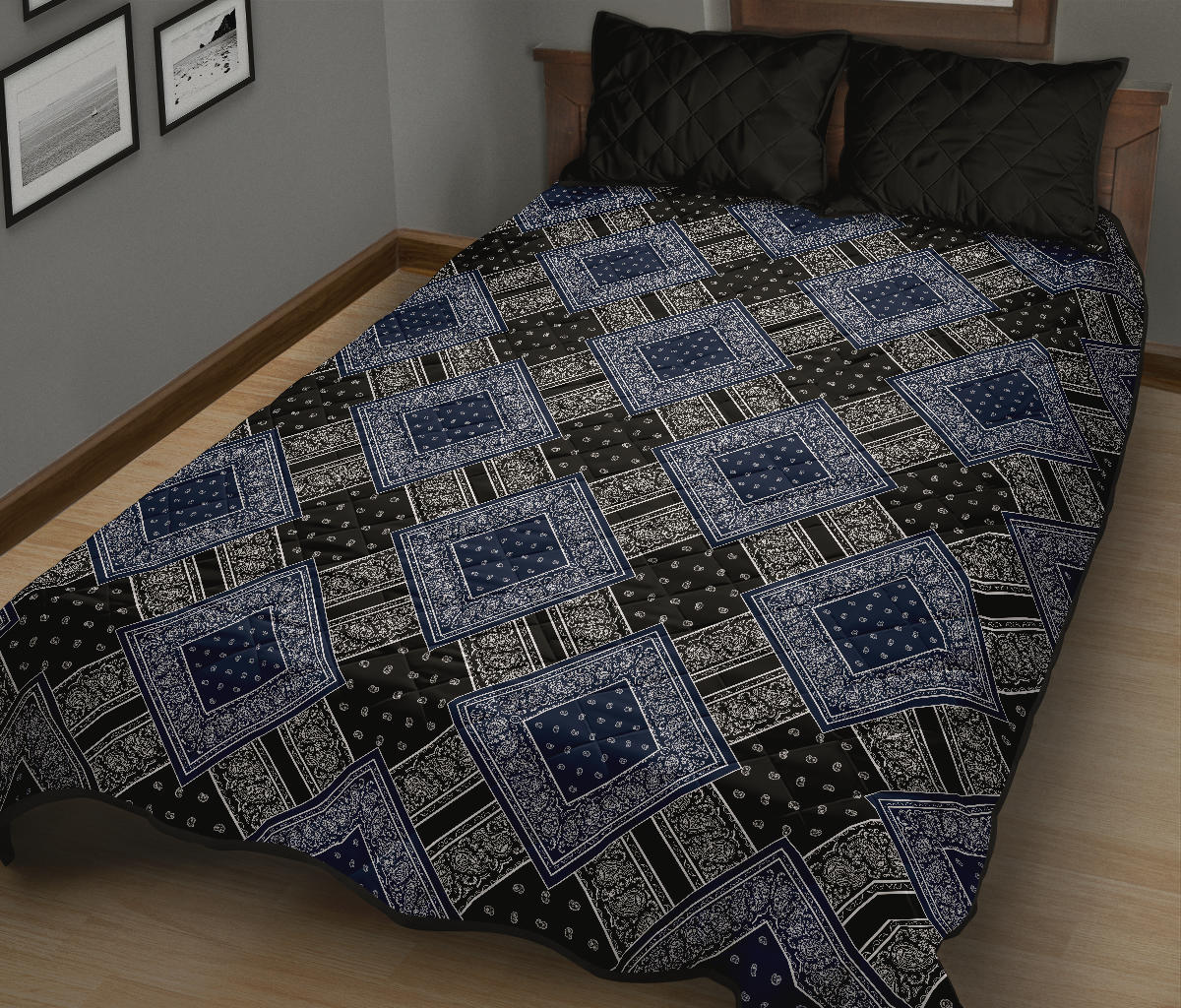 Quilt Set - Black and Blue Bandana DB Quilt w/Shams