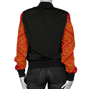 Women's Red and Gold Bandana Sleeved Bomber Jacket