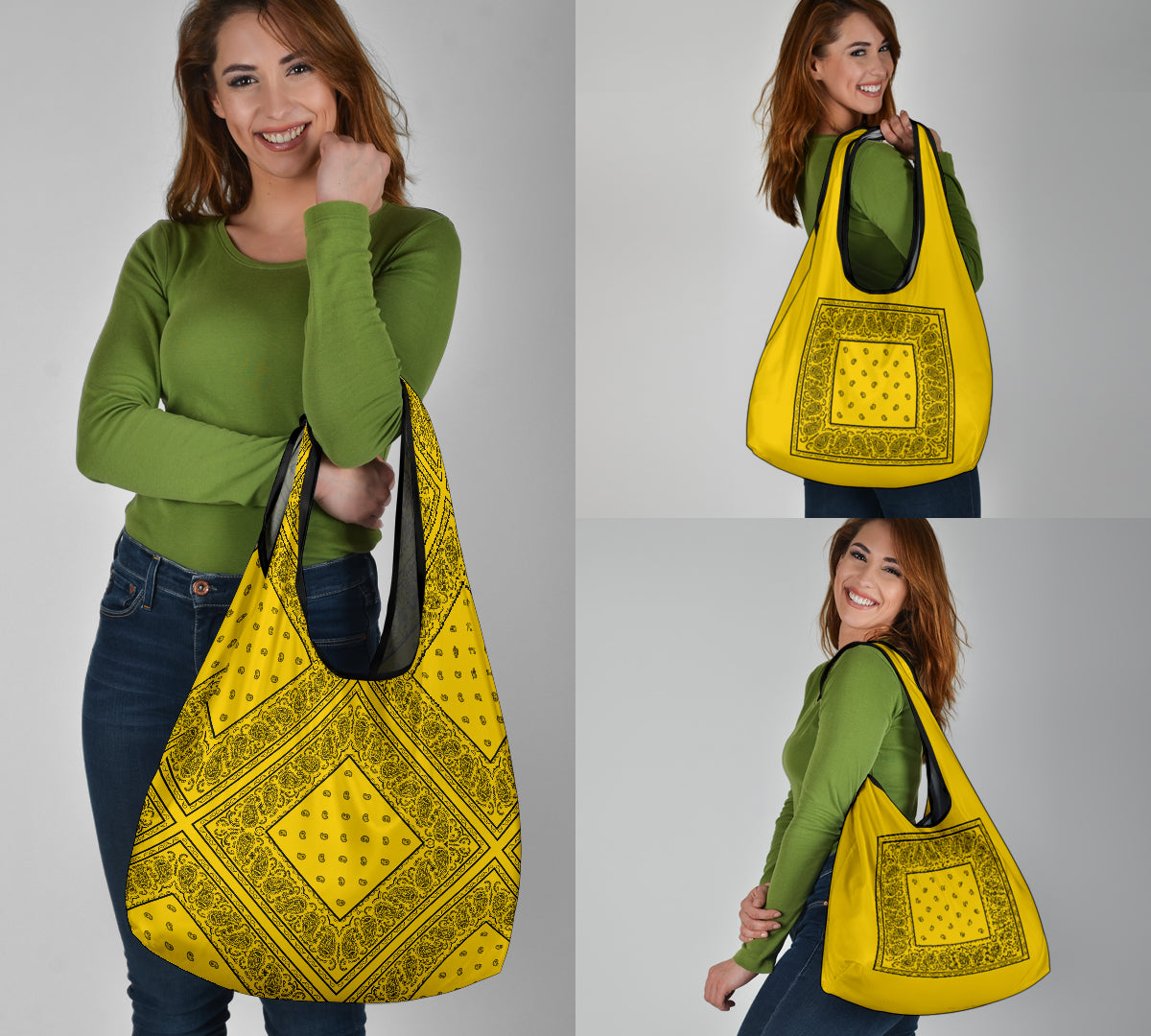 yellow and black bandana shopping bags