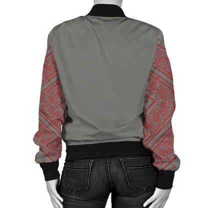 Women's Gray and Red Bandana Sleeved Bomber Jacket