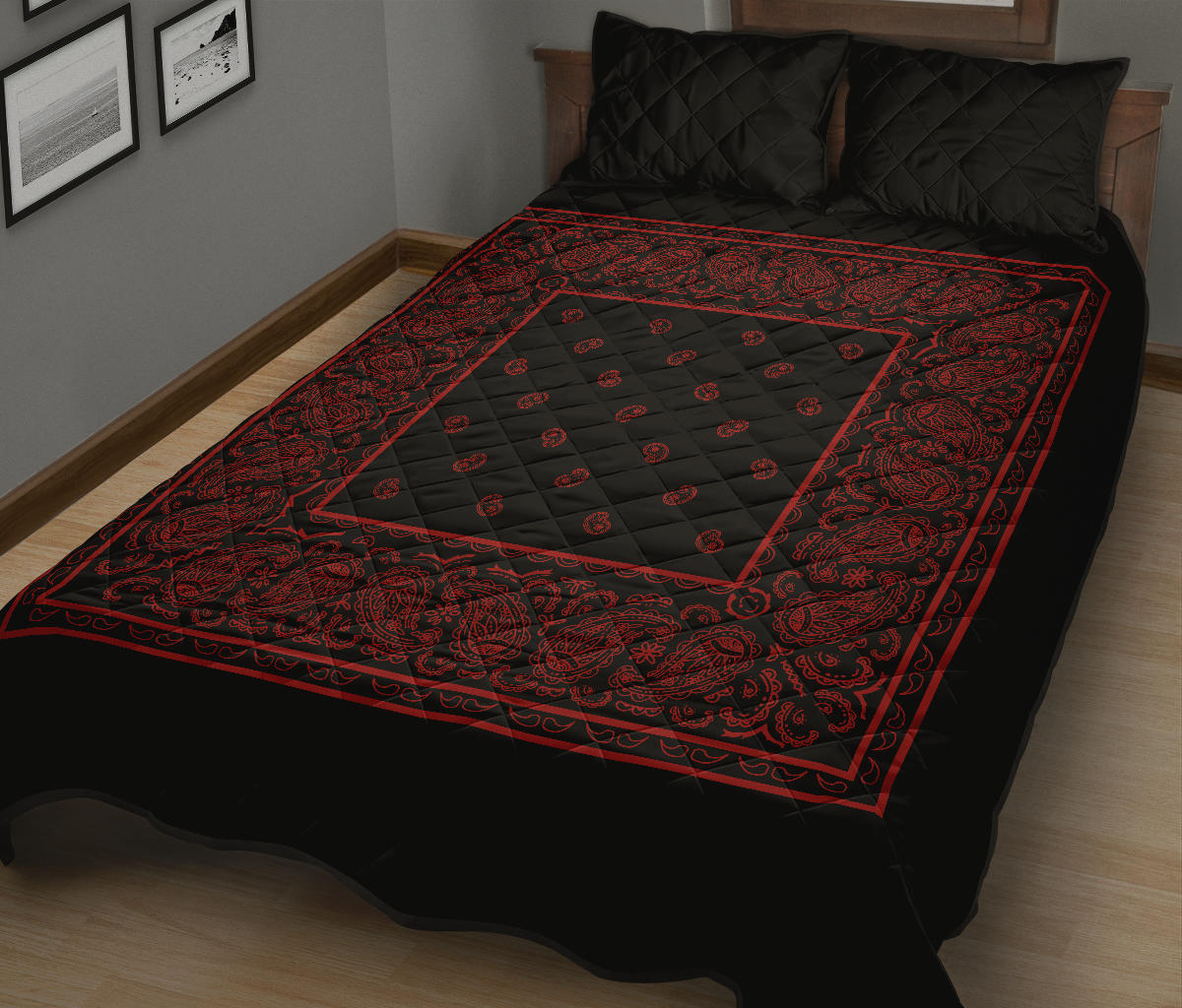 Quilt Set - Black and Red Bandana Bed Quilts w/Shams