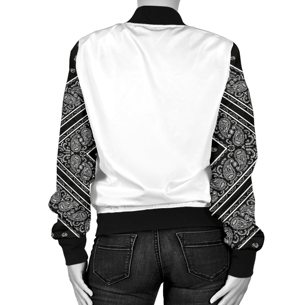 Women's Black Bandana on White Sleeved Bomber Jacket